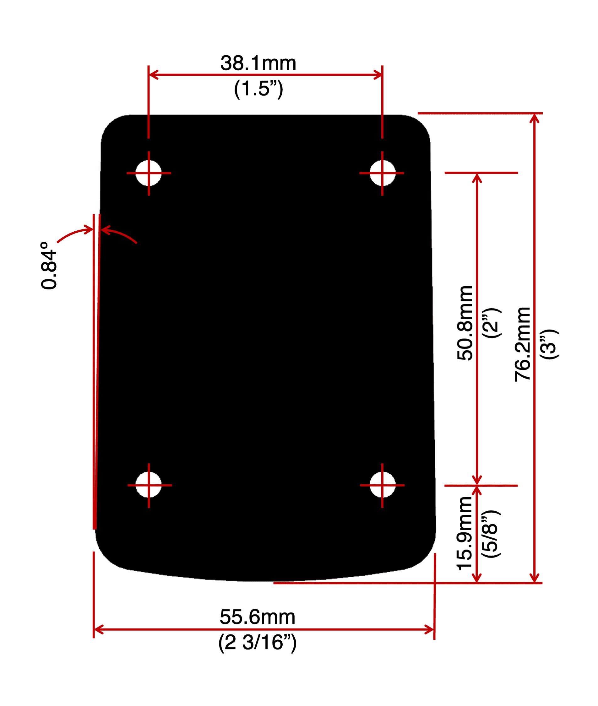 Neck pocket dimensions. Overall 3" x 2 3/16". Hole spacing 2" x 1.5". Fender Strat style cuved heel.